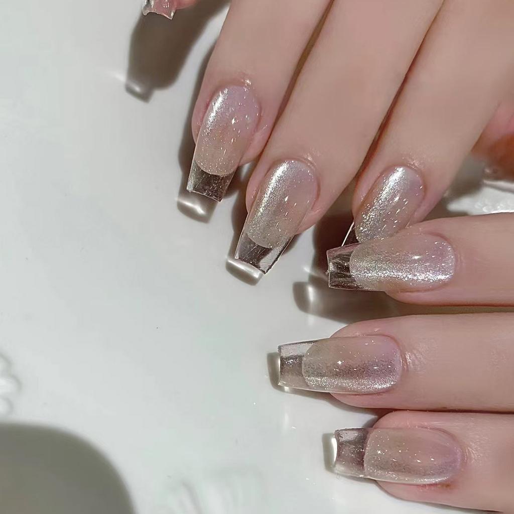 Cat Eye Press On Nails Glass Coffin Acrylic Fake Nails Reusable Stick On Nails for DIY Nail Art Manicure Decorations