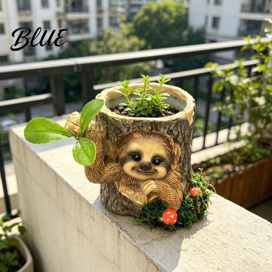 Cute Animal Shaped Planter Artificial Stump Planter Resin Tree Bark Shape Flower Pot with Koala/Frog/Sloth Rustic Bonsai Small Barrel Bucket