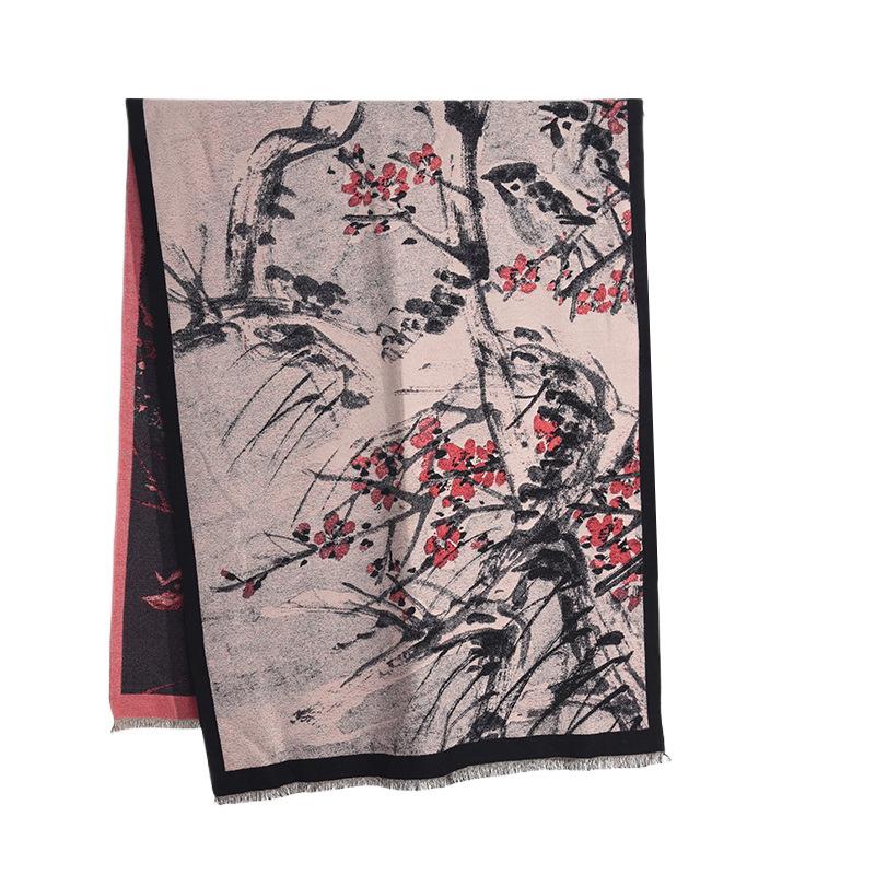 Autumn and Winter Antique Style Literary Beige Red Plum Blossom Print Scarf for Women INS Style Personalized Fashion Imitation Cashmere Warm Shawl