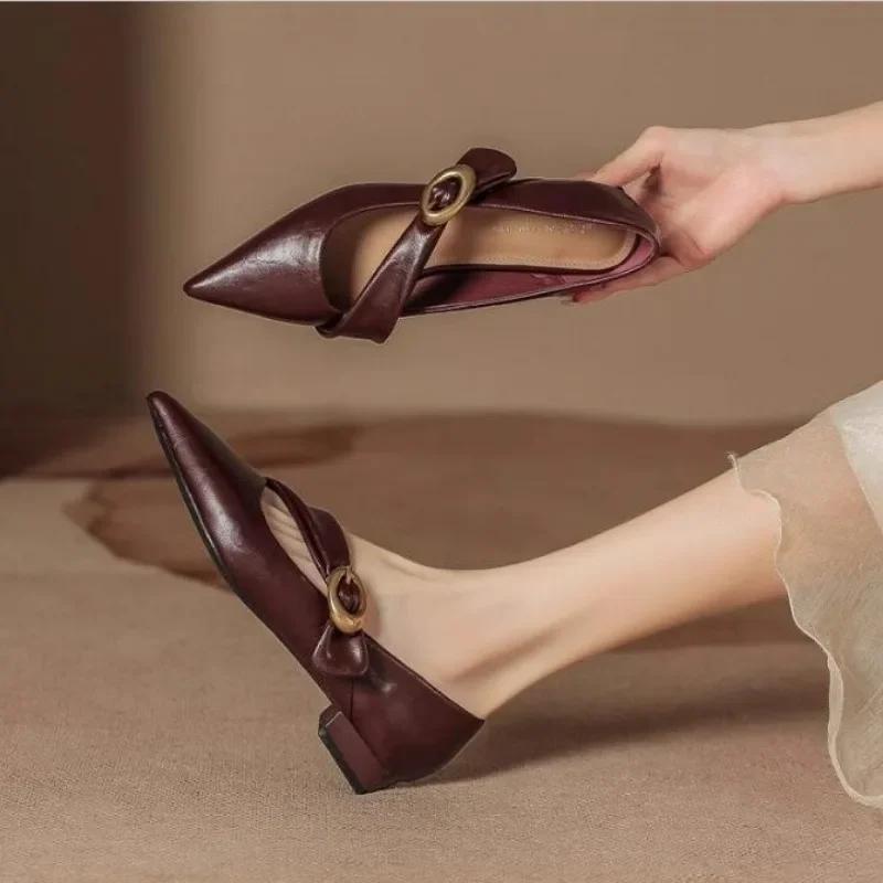 Pointed Toe Women Chunky Shallow Leather Elegant Heels Shoes Trend Fashion Spring Designer Party Dress Sandals New Mujer Zapatos