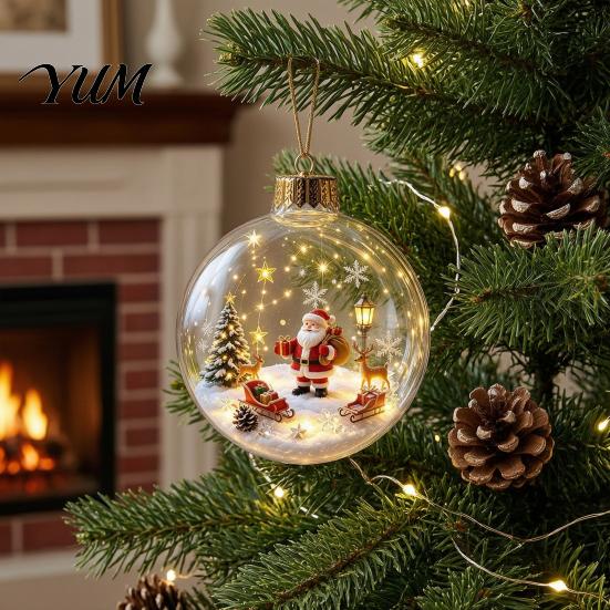 Holiday Home Decorations Glowing Christmas Ball Ornaments, Light-Up with Mini Scene, Acrylic Clear Seasonal Tree Baubles Hanging Decor Warm LED Light
