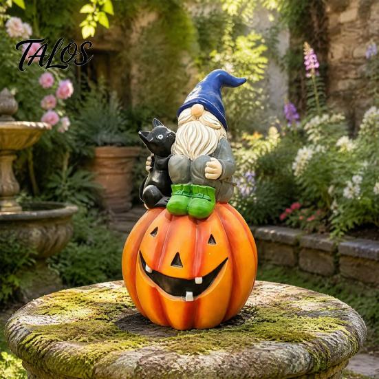 Hand Painted Yard Decor Halloween Gnome Outdoor Garden Statue, Resin On Pumpkin Figurine with Autumn Home Accents Black Cat, Fall Dwarf Sculpture for