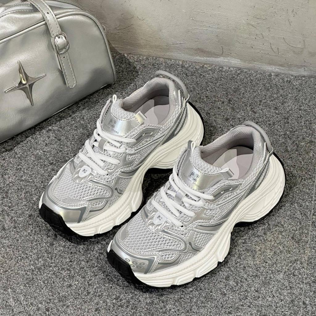 European Station 2025 Spring New Leather Mesh Muffin Platform Casual Sneakers Show Feet Little Daddy Shoes Women's Summer