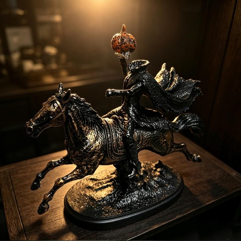 Halloween Headless Horseman Figurine Display Statue for Living Room Shelf Study Placement with Dark Fantasy Look and Textured Finish for Home