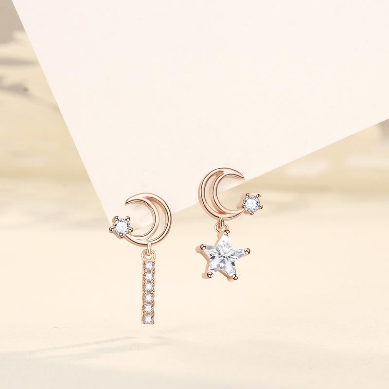 Rose Gold Plated Star and Moon Fringed Stud Earrings Female Korean Version Simple Creative Light Luxury Earrings Ear Jewelry