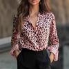 Camicetta da Donna in Raso con Stampa Leopardo Manica Lunga Bottoni Vestibilità Aderente Camicia Casual da Ufficio Lavoro