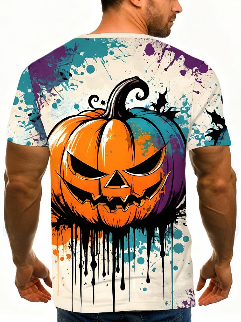 Men'S Halloween Themed Pumpkin Grimace Printed Short Sleeve T-Shirt Apricot Crew Neck Casual Top Personalized Street Trend Splash Ink Style Daily