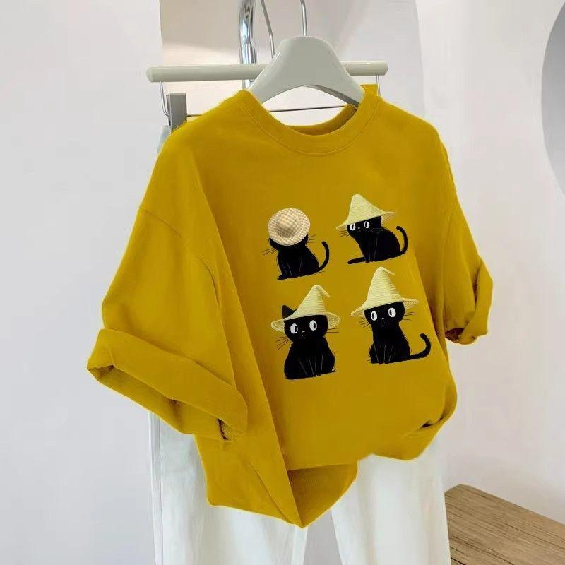 

Korean Style Cat Print Pure Cotton Short-sleeved T-shirt Women s Summer Tops L жовтий