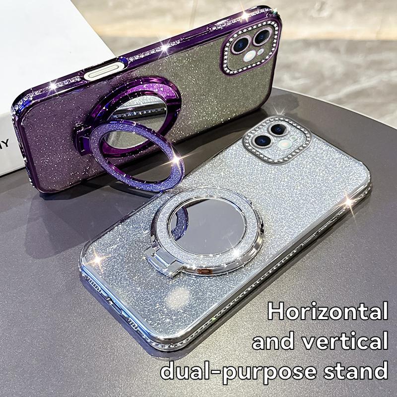 KEYSION Luxury Glitter Jewelled Magnetic Phone Case for iPhone 11 12 Pro Max Makeup Mirror Ring Stand Shockproof Back Cover