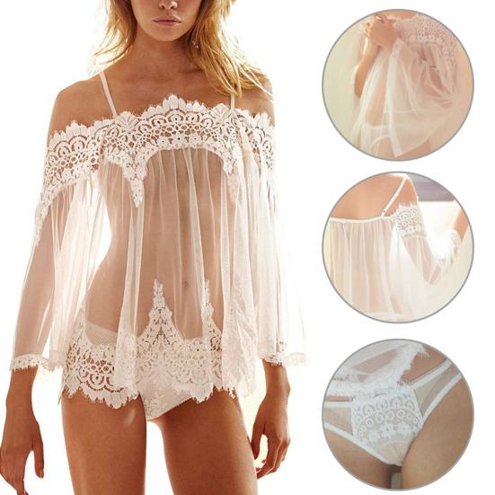 Damen Sexy durchsichtiges, schulterfreies Unterwäsche-Kleid, Nachtwäsche, Spitzen-G-String-Set