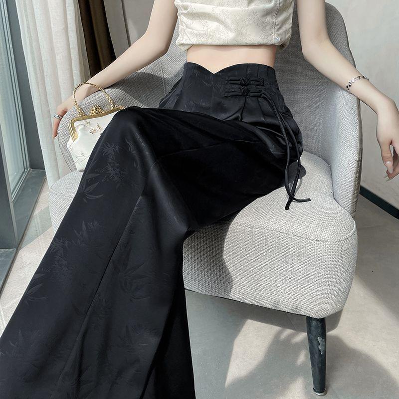 

2026 Spring/Summer Chinese Style Satin Wide-Leg Frog Button Pants - Women s Slimming Straight-Leg, Floor-Length Business Trousers M (90-110 jin) чёрный