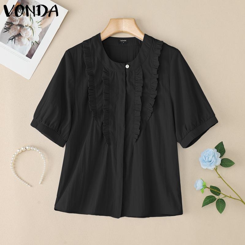 VONDA Elegant Women Puff Sleeve Ruffled Hem Patchwork Casual Blouse Tops