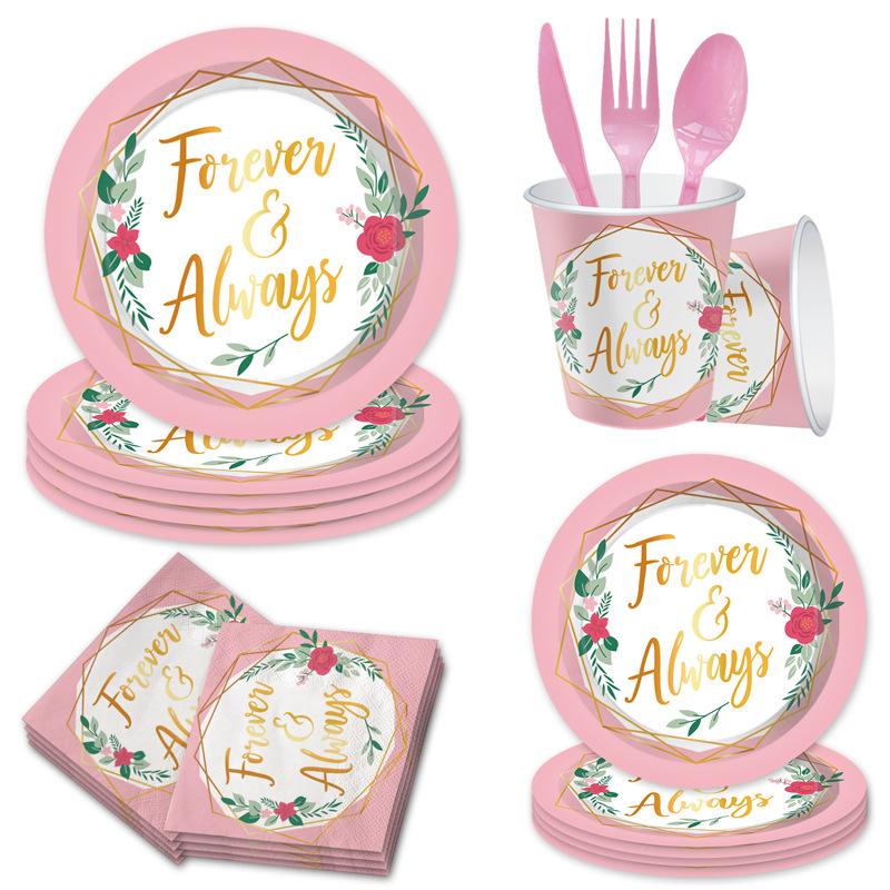 Pink Valentine'S Day Themed Party Set Flower Paper Plate Paper Cup Tablecloth Flag Wedding Arrangement