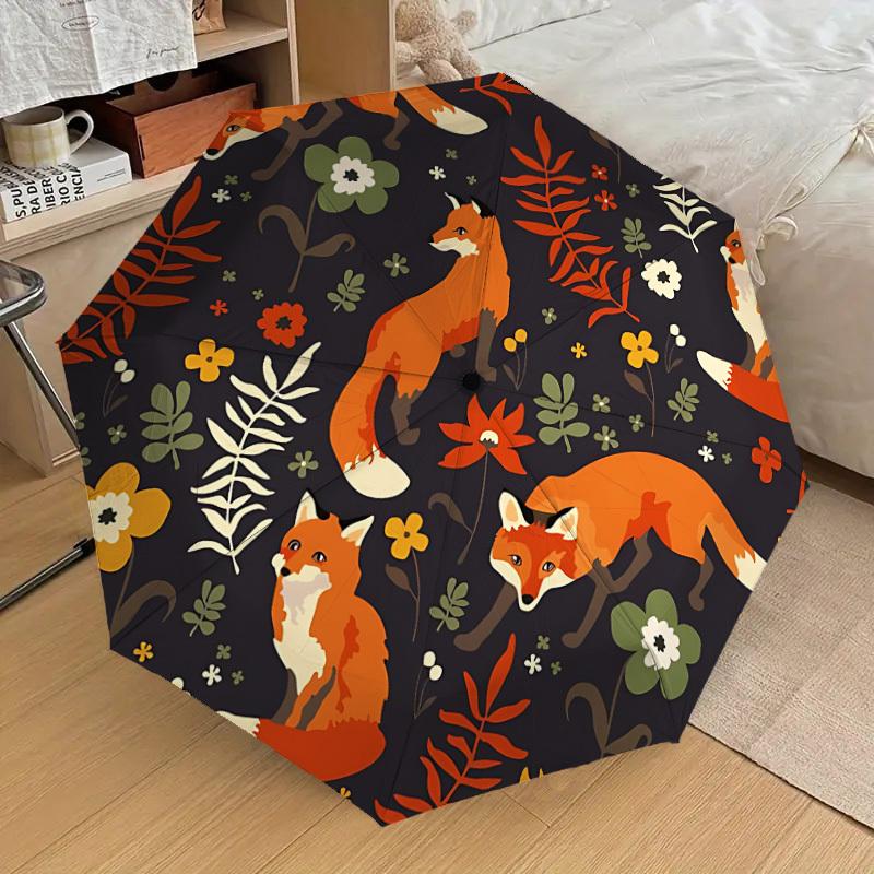 1pc Foxes, Floral Pattern Auto Umbrella Durable Iron Frame & Plastic Handle, Gift for Men & Women, Sturdy Construction Y250905181