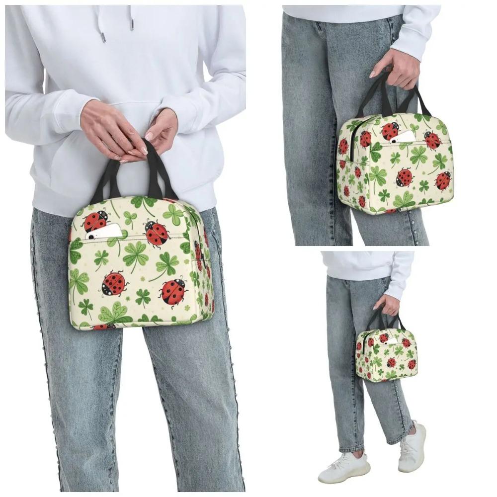 Cute Ladybug On The Four Leaf Grass Insulated Lunch Bag for Office Cooler Thermal Food Box Tote Leakproof Lunch Boxes Container