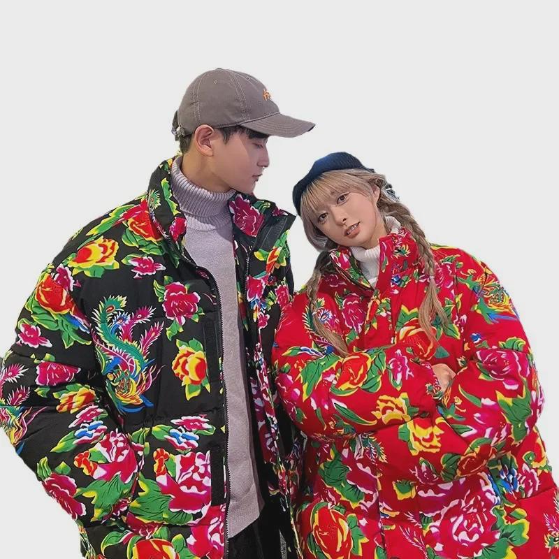 Men's Winter Peony Cotton Jacket - Large Size, Festive National Trend Coat