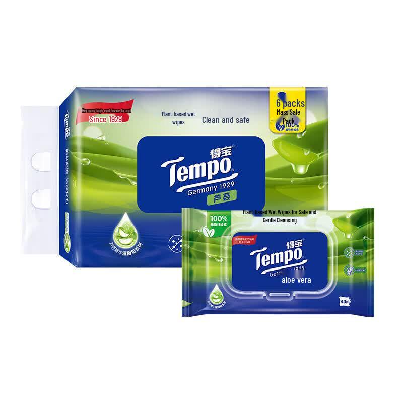 Tempo Aloe Portable Wet Wipes, 40 Sheets, 12 Packs