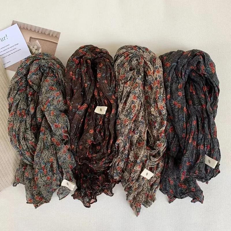 Vreovor Antique Scarf New Autumn And Winter Live Broadcast  Literary Cotton And Linen Retro Flower Crumpled Men Women