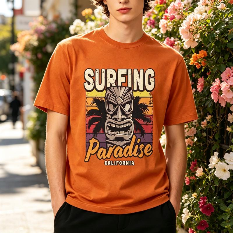 Surfing Paradise California Tiki Mask Palm Tree Vintage Graphic T Shirt Unisex Unisex Cotton Short Sleeve Tee Beach Surf Casual