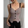 Fashion Style Retro Plaid Camisole Fashion Elegance Button French Style Silm Tops Camisole Top