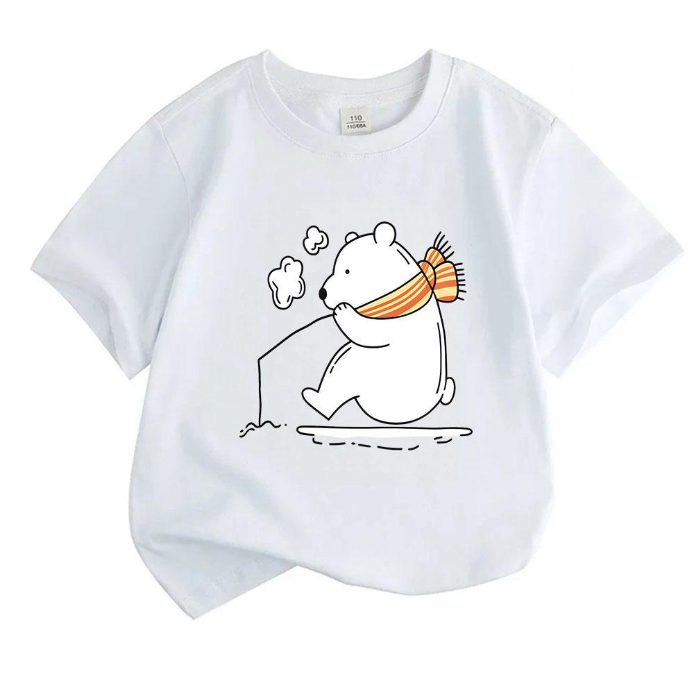 Cute Cartoon Polar Bear Ice Skating Print Kids T Shirt 100% Cotton Unisex Boys Girls Crew Neck Short Sleeve Casual Comfortable Tees for Daily Wear