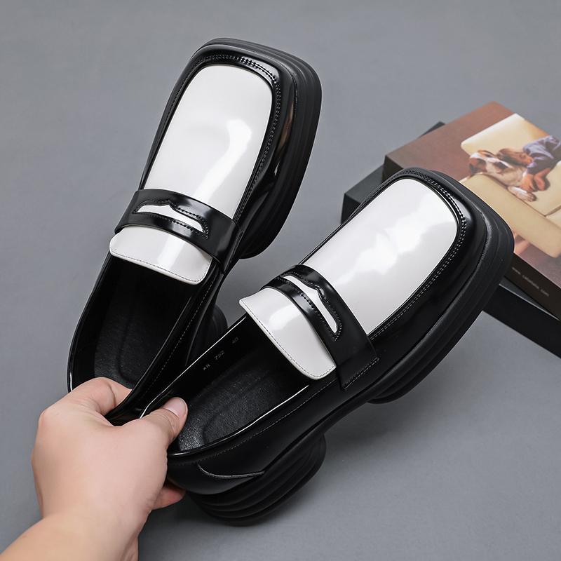 Men Square Toe Loafers Thick Soled PU Black White Patchwork Mask Decoration Business Leisure Men Shoes Versatile Men Work Shoes
