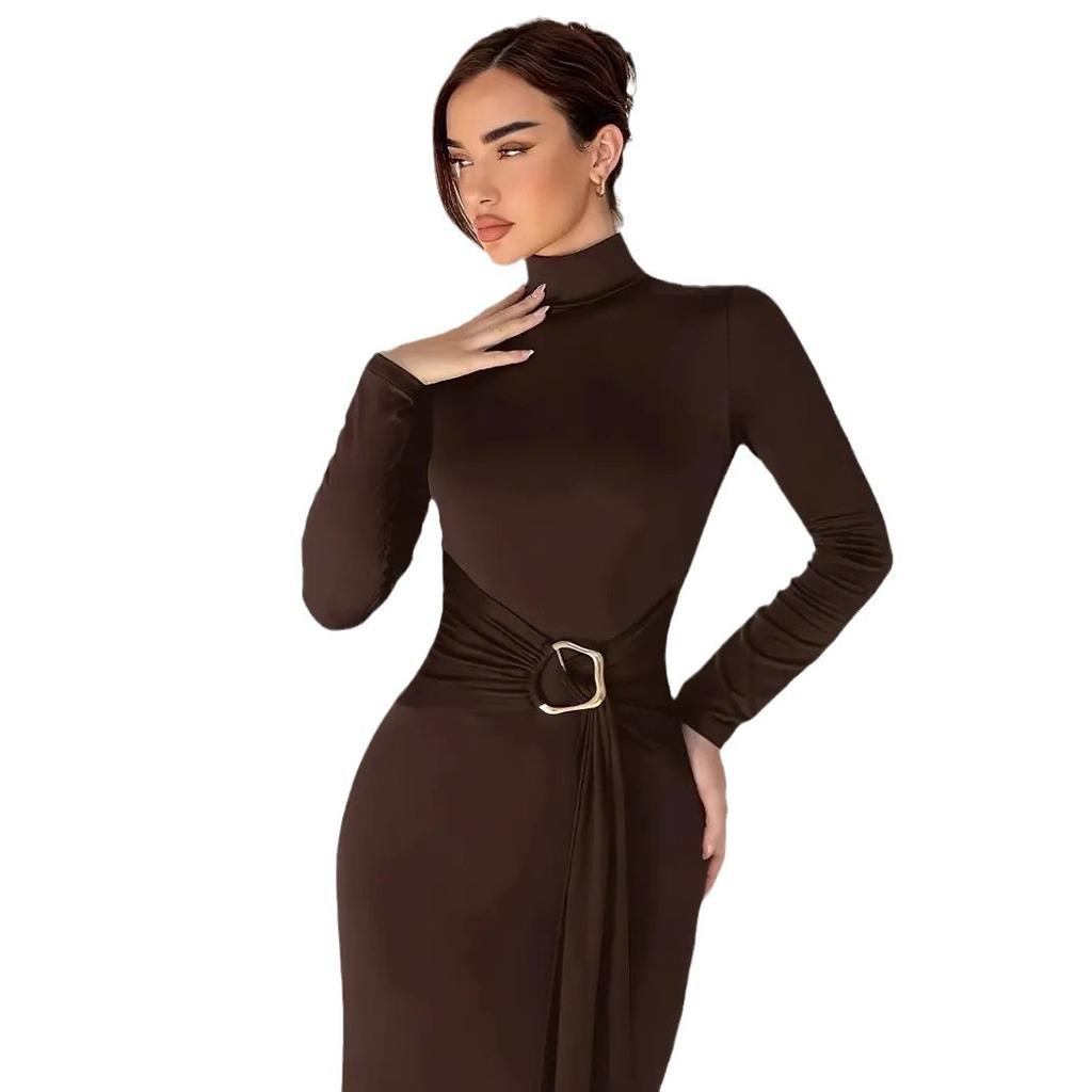 Women's Temperament Elegant Slimming High Waist Knit High Neck Solid Colour Dresses