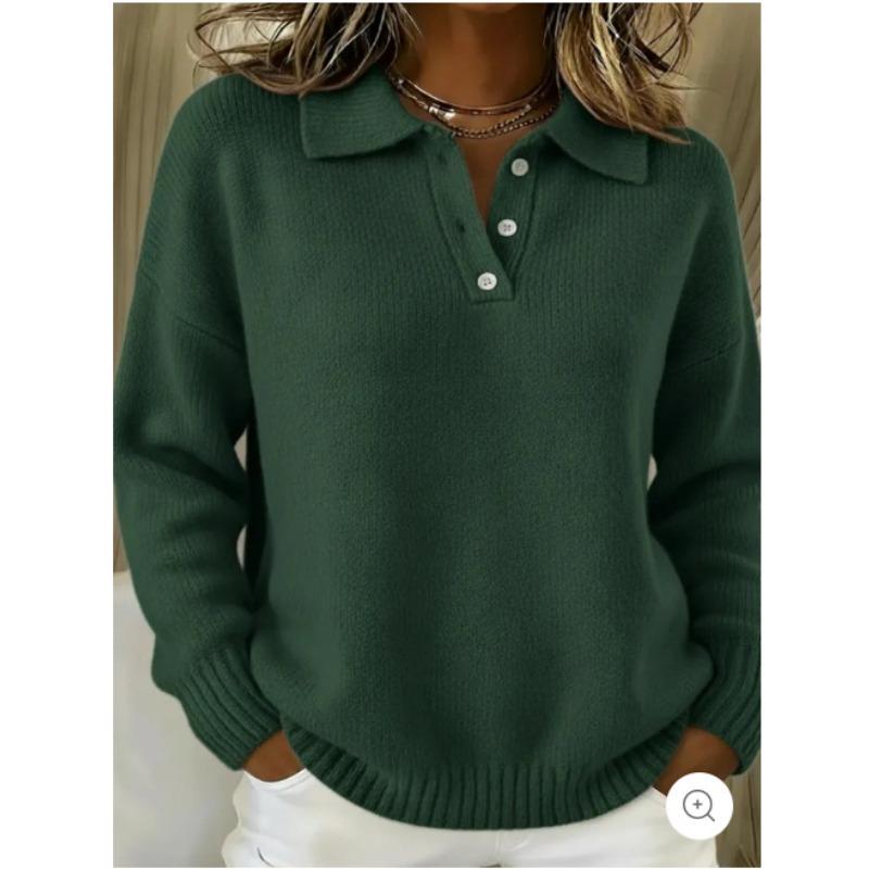 New Autumn and Winter Loose and Lazy Style Soft and Waxy Women's Lapel POLO Shirt Long-sleeved Button Sweater