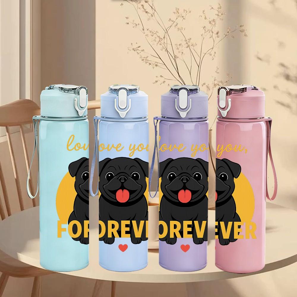 1PC Love You Forever Black Pug 750ml Color Plastic Sports Water Bottle Leakproof Flip Straw Lid Suitable for Sports Office Home Use
