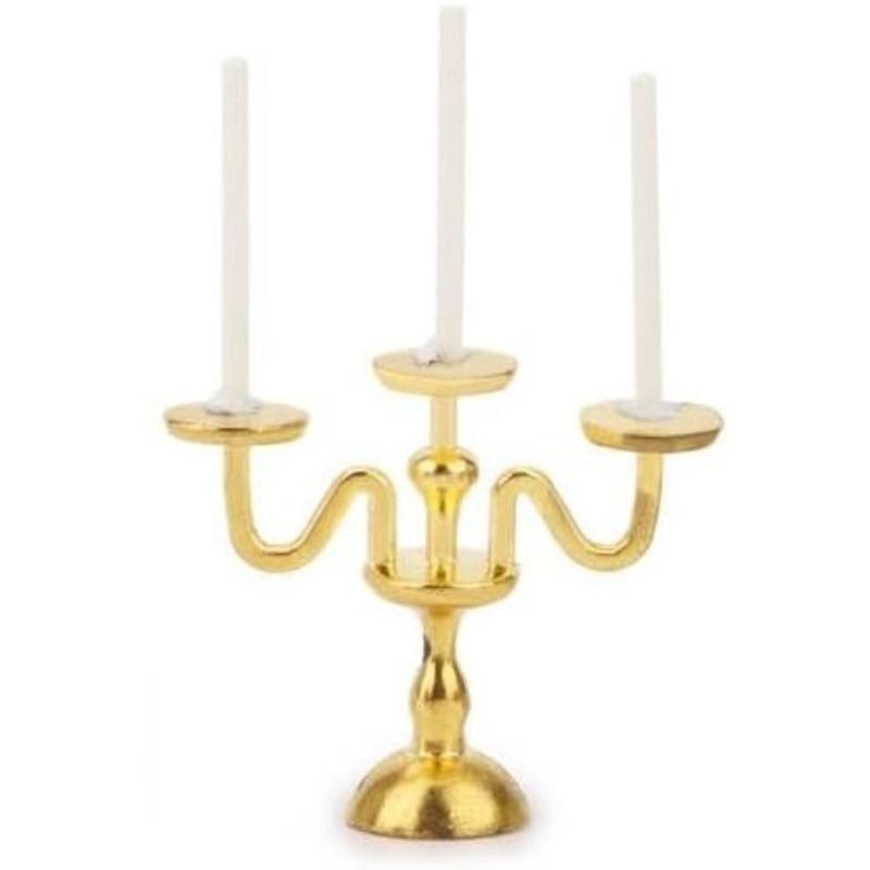 1/2 PCS Vintage 3-Arm Candelabra with Candles – 1:12 Miniature in Gold/Silver for Dollhouse, Fairy Garden & Micro Landscapes