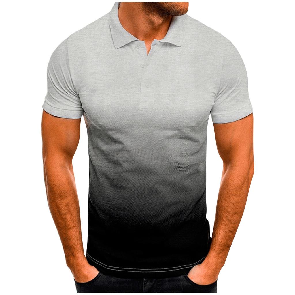 Mens Casual Sport Gradient Lapel Button Short Sleeve Top T-Shirt Blouse