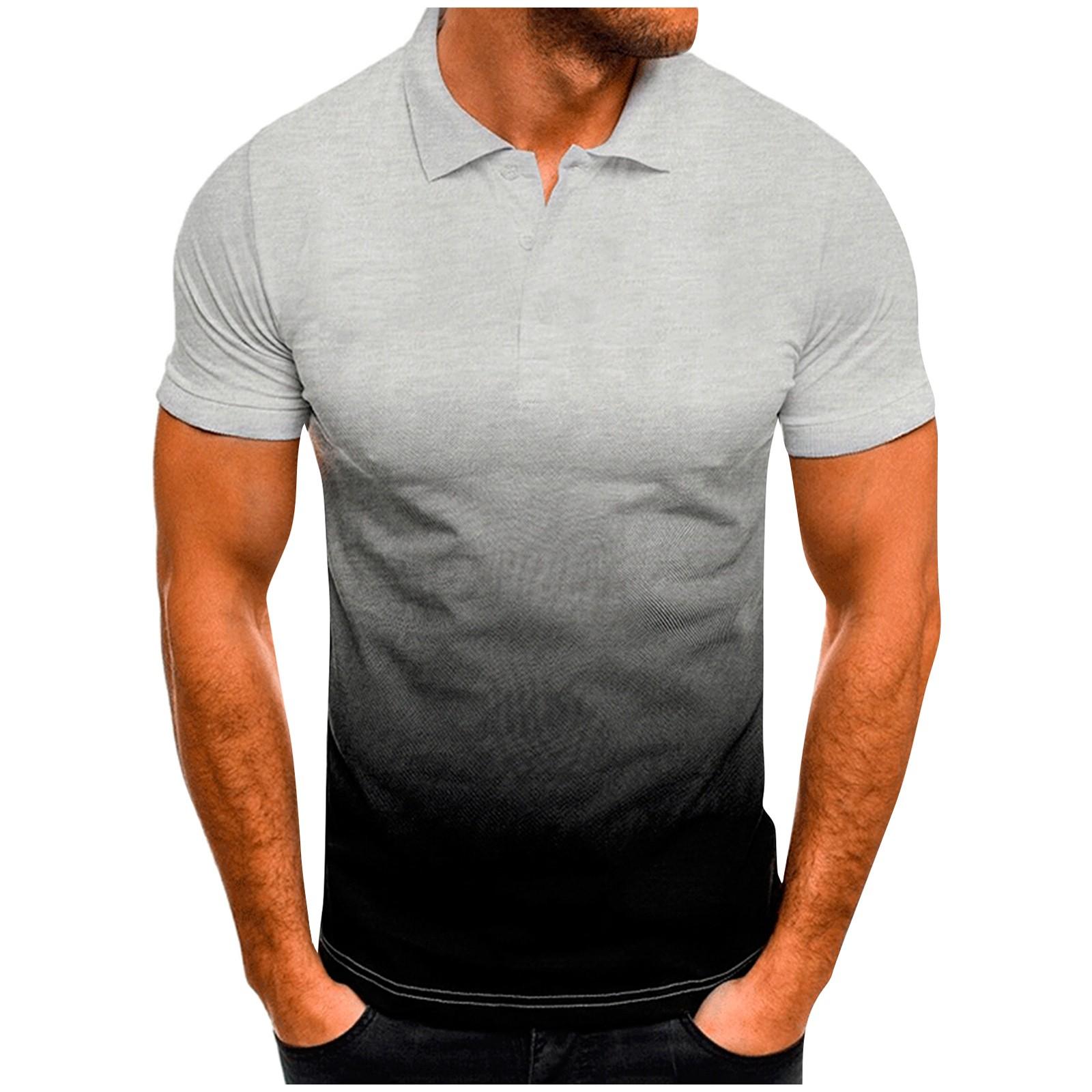 Mens Casual Sport Gradient Lapel Button Short Sleeve Top T-Shirt Blouse L