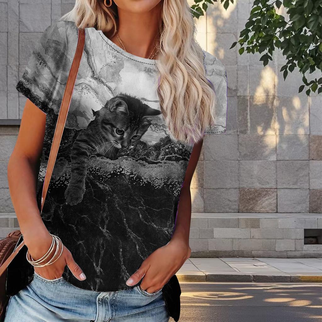Women Summer T Shirt Kitty Print Retro Fashion Short Sleeve Tees Casual   Printed  Tops