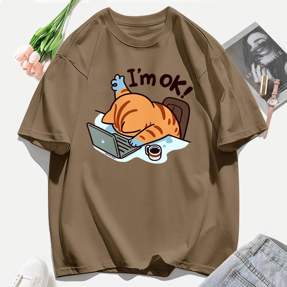 A Cat That Persists In Work Print Women T Shirts Casual Hip Hop Tees Tops Multicolor Cotton Sportswear Loose Short Sleeve Female