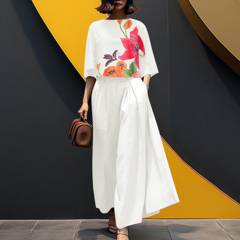 

ZANZEA Women 3/4 Sleeve Print Blouse and Wide Leg Pants Casual Two Piece Suit Sets 2XL белый