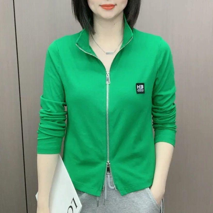 

Женская футболка весна 2022 с длинным рукавом и воротником-стойкой на двойной молнии - свободный и облегающий дизайн 4XL 150-165 lbs зелёный