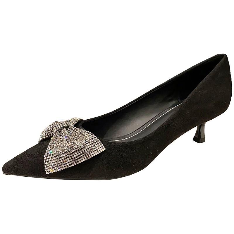 

Fashion Stiletto Single Shoes Fashion Bow Suede Fall New Pointed Toe Slip-on Non-Slip Heels 34