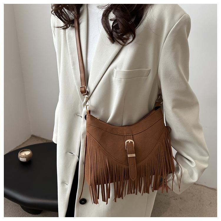 Korean Style Suede Faux Leather Square Bag Tassel Fringe Crossbody Shoulder Purse for Women