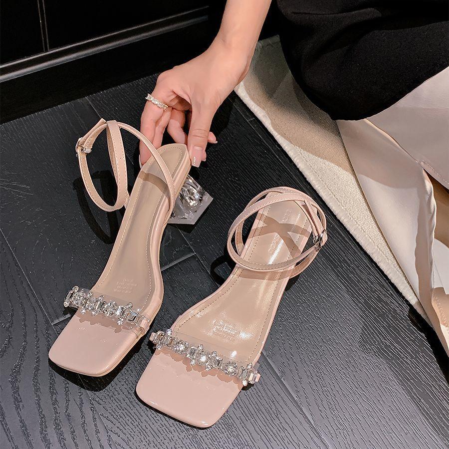 Silver Rhinestone Sandals Women's Summer Skirt Thick Heel Fashion Absolute Child Word with Transparent Crystal High Heels