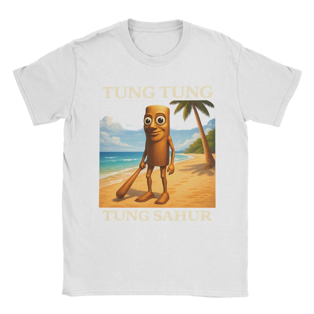 Kawaii Surreal Tung Tung Tung Sahur Beach Tshirts Unisex Oneck Short Sleeve Clothing Italian Brainrot Meme Cotton Summer Clothing