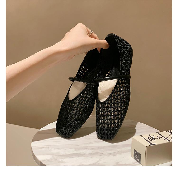 Sheepskin Version~ French Square Head Hollow Mesh Leather Sandals Women's New Soft-soled Woven Sandals Mary Jane Single Shoes