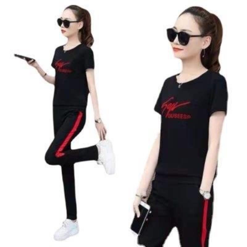 Sports Suit Women's Summer Fashion Round Neck Short-sleeved Trousers Sportswear Korean Version Slim Casual Two-piece Set