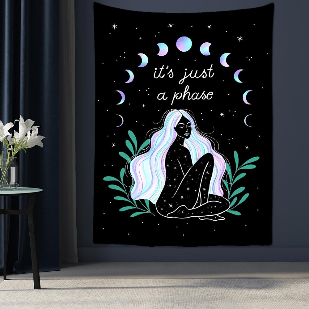 Arazzo da parete con ragazza indiana con fase lunare, stile bohémien, hippie, stregoneria, tarocchi, mandala, decorazione per la casa