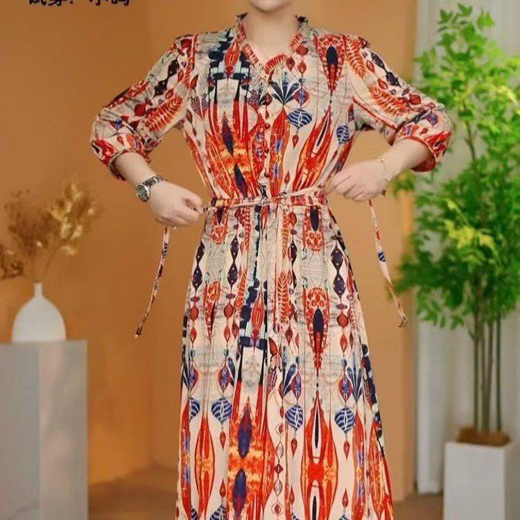 Women s Elegant Mid-Length Lace-Up Slimming Printed Dress XL (for 45-53 kg)