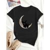 Himmlische Schlafkater Mond Sterne Grafik T-Shirt Damen Kurzarm Mystischer Nachthimmel Druck für den täglichen Gebrauch