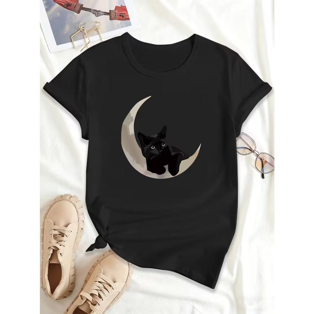 Himmlische Schlafkater Mond Sterne Grafik T-Shirt Damen Kurzarm Mystischer Nachthimmel Druck für den täglichen Gebrauch