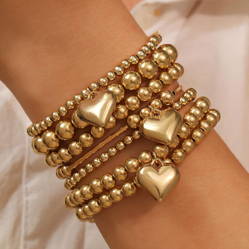 6Pcs/Set Stackable Gold Color Luxury Beads Wristband Accessories Beaded Bracelets Set Pentacle Star Love Heart Charm Hand Chains