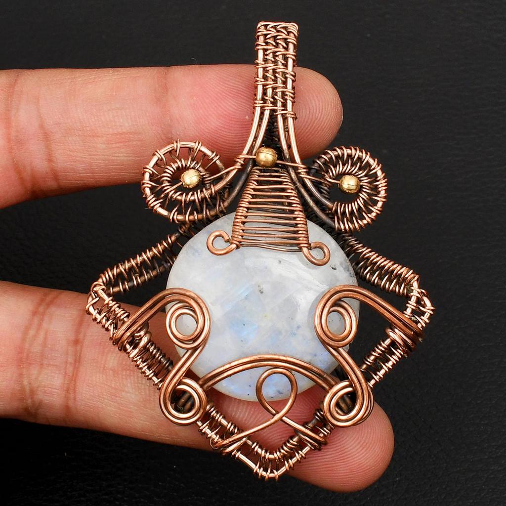 Artisan Copper Wire Wrapped Pendant Rainbow Moonstone Gemstone Unique Anniversary or Birthday Gift for Her
