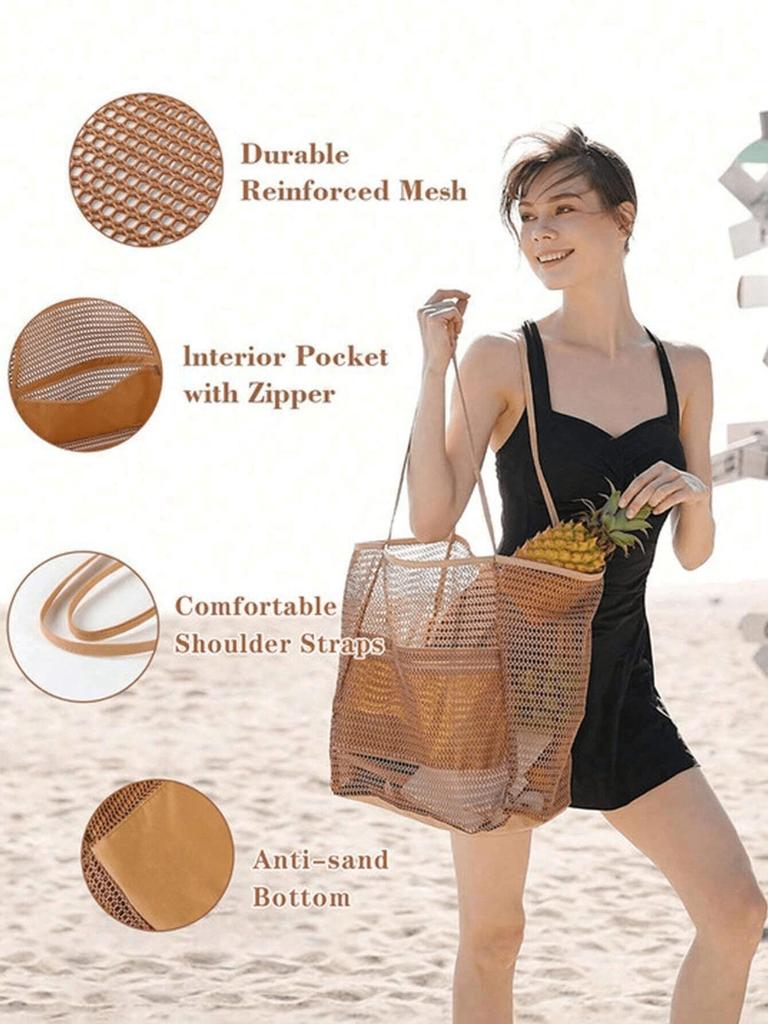 1pc Mesh Tote Bag, Cosmetic Bag, Casual Handbag, Foldable Women's Shoulder Bag For Picnic, Waterproof, Foldable, Essential Bag