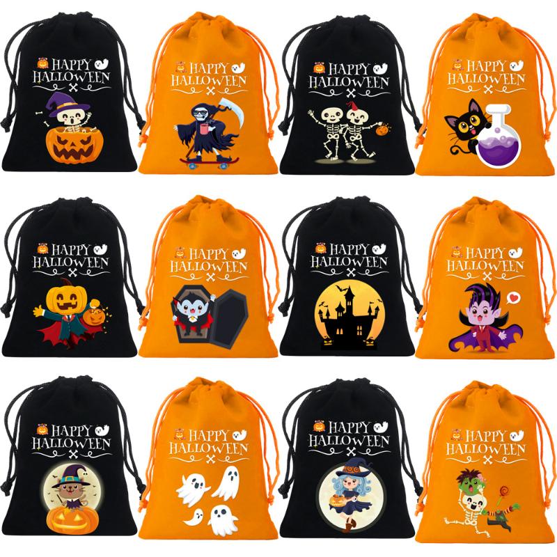 

8/12Pcs 2025 New Halloween Gift Bags Children S Trick-Or-Treat Candy Bags Pumpkin Bags Flannel Drawstring Candy Bags 10X12Cm 6